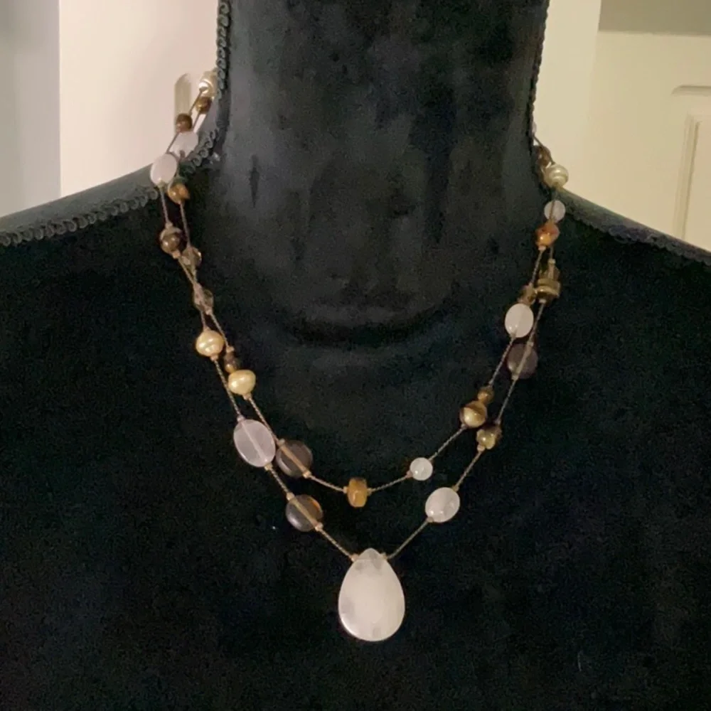 Lia Sophia Pink Quartz and Brown Multi-Strand Necklace